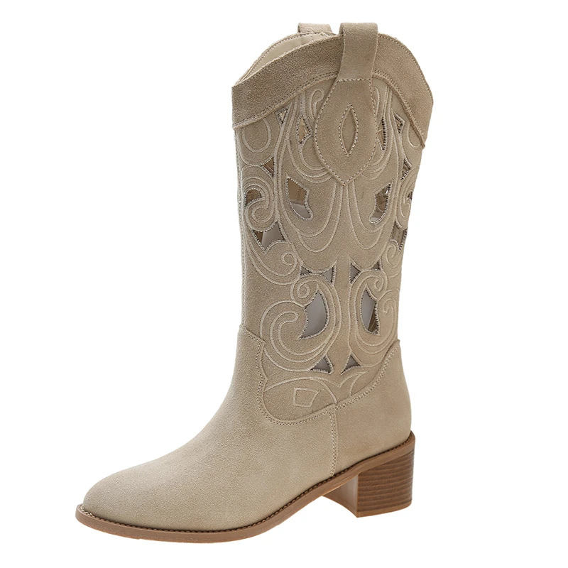 Women's stylish suede western cowboy boots with cut-outs