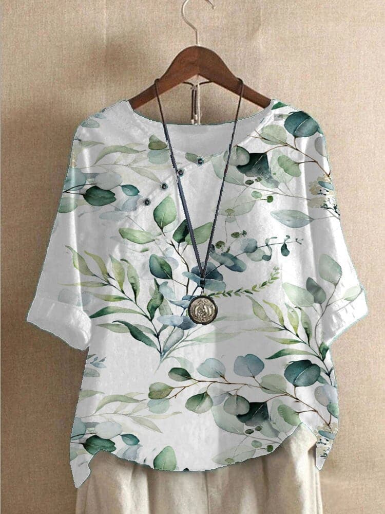 Women’s Blouse – Relaxed Fit – Round Neck – Mid Sleeve – Floral Print – Breathable Blend