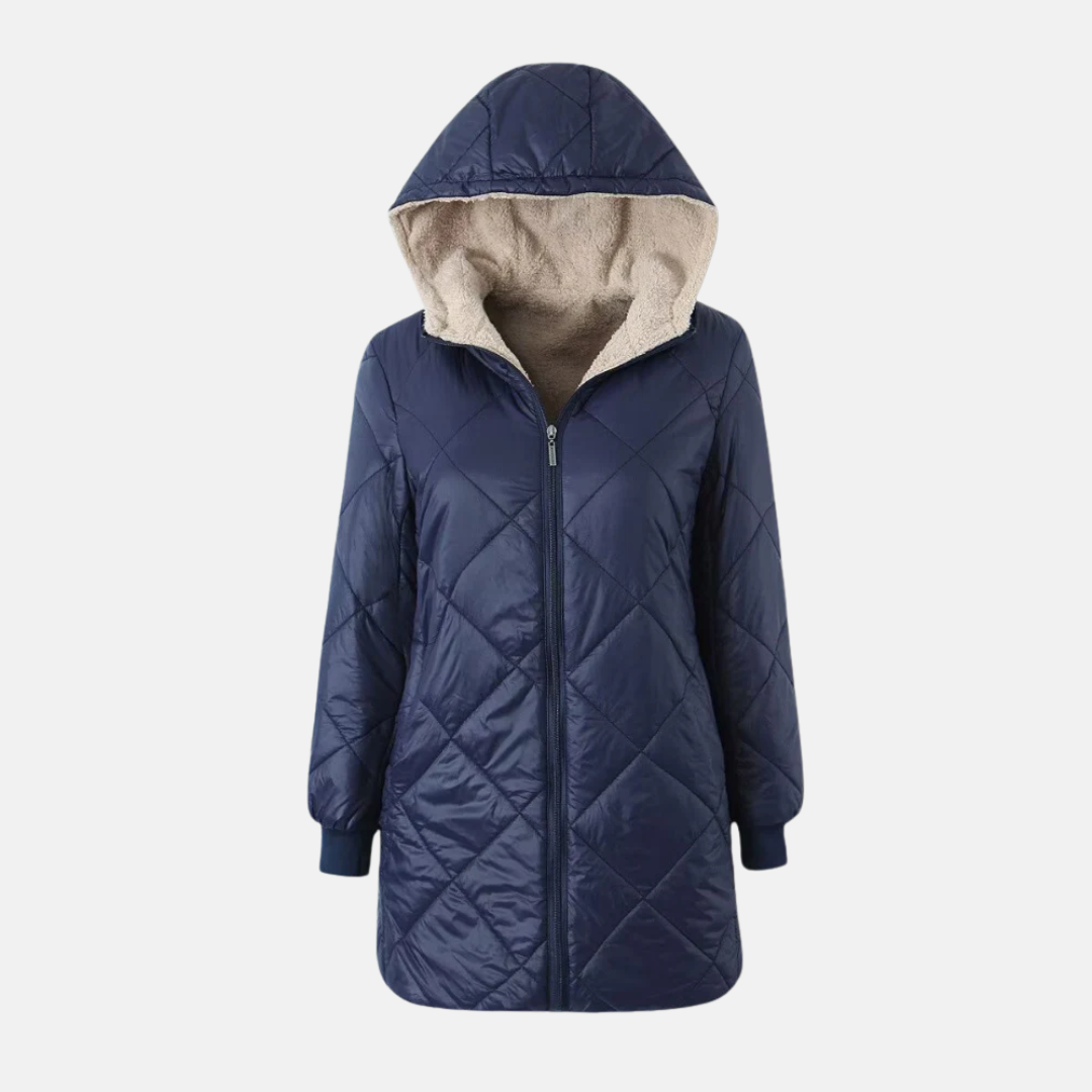 Women’s Quilted Hooded Coat – Reversible – Mid Length – Plush Lined – Ribbed Cuffs