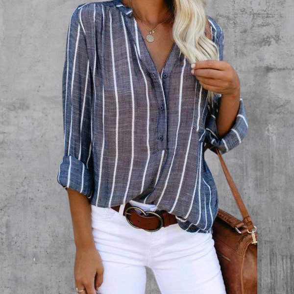 Women's Blouse - V-Neck Button-Up - Striped Design - Long Sleeve Relaxed Fit