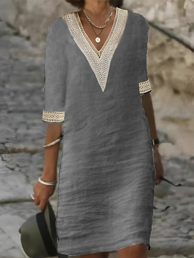 Women's V-Neck Dress - Lightweight Linen - Crochet Lace Detailing - Casual Wear