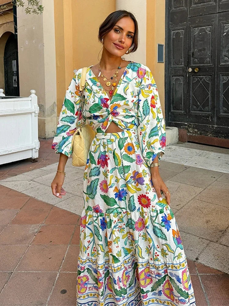 Women's floral lantern sleeve printed waist-baring dress