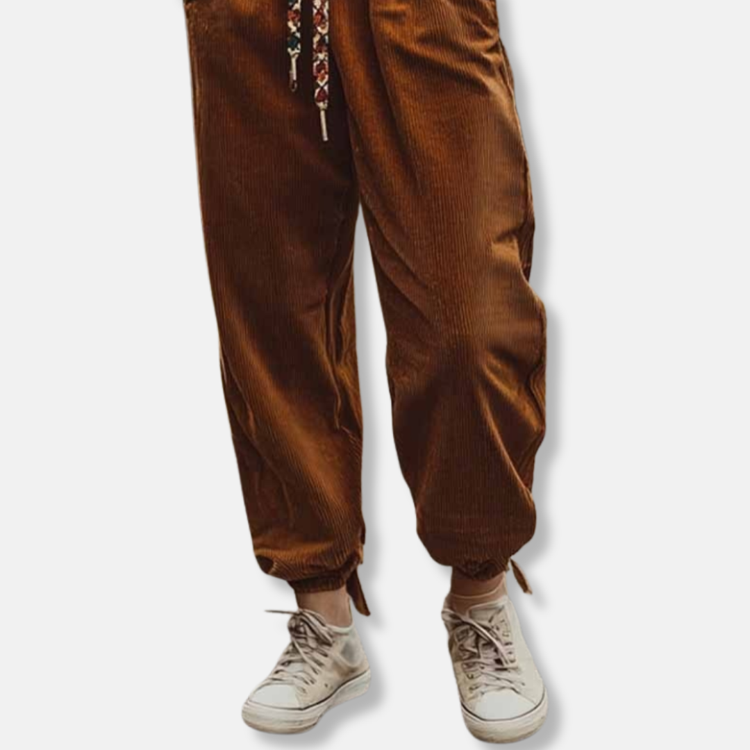 Women’s Pants - Corduroy - Loose Fit - Elastic Waist - Cuffed Hem