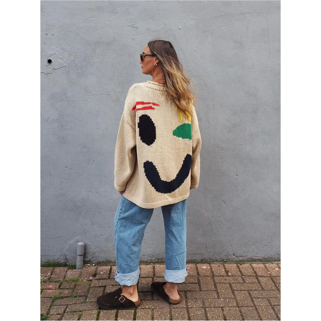 Women’s Knit Pullover – Oversized Fit – Long Sleeve – Abstract Back Design