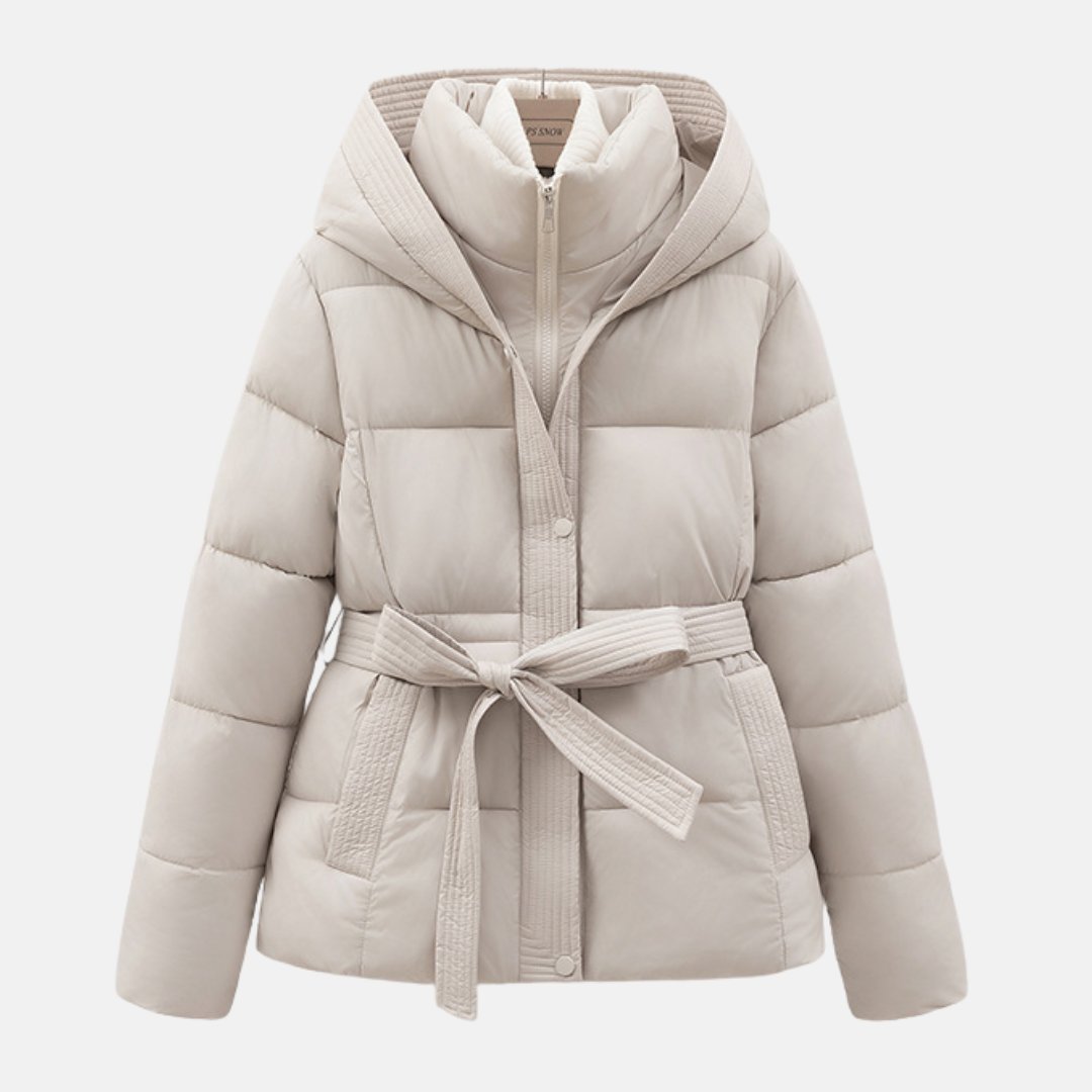Women’s Padded Coat – Quilted Slim Fit – Hooded with Tie Waist and Pockets