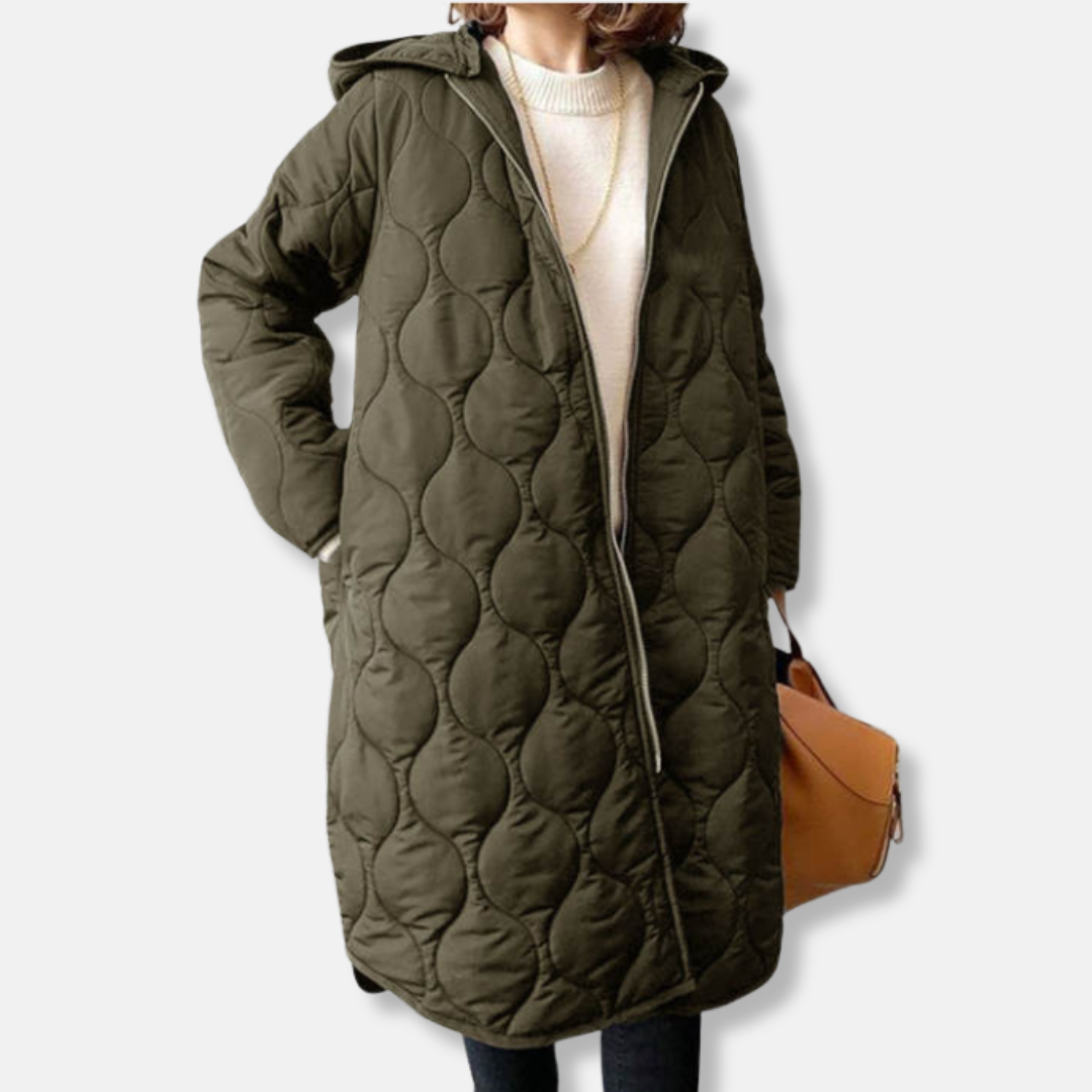 Women’s Quilted Jacket – Oversized Fit – Hooded Long Length – Zip Front Closure