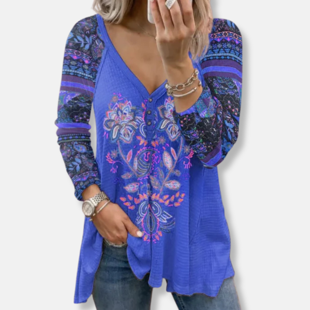Freya Loose Fit Long Sleeve T-Shirt | V-Neck Button Front T-Shirt