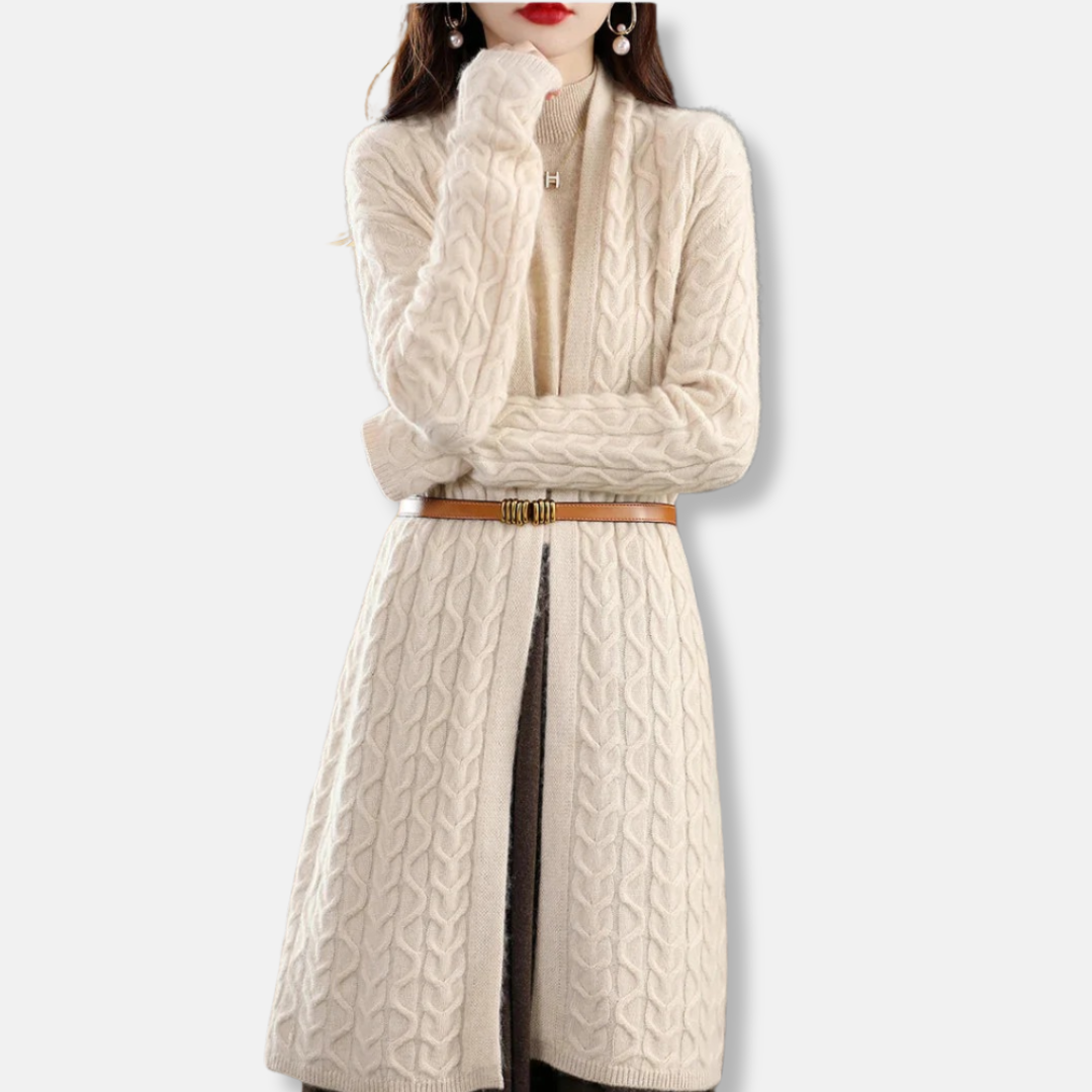 Women’s Long Cardigan – Cable Knit – Relaxed Fit – Ribbed Cuffs – Belted Waist