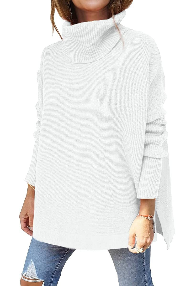 Women's mid-length high neck bat sleeve pullover sweater