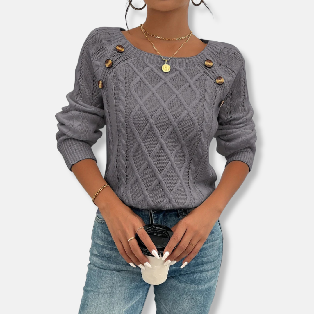 Women’s Knit Top – Relaxed Fit – Cable Knit Texture – Dropped Shoulder – Button Detail