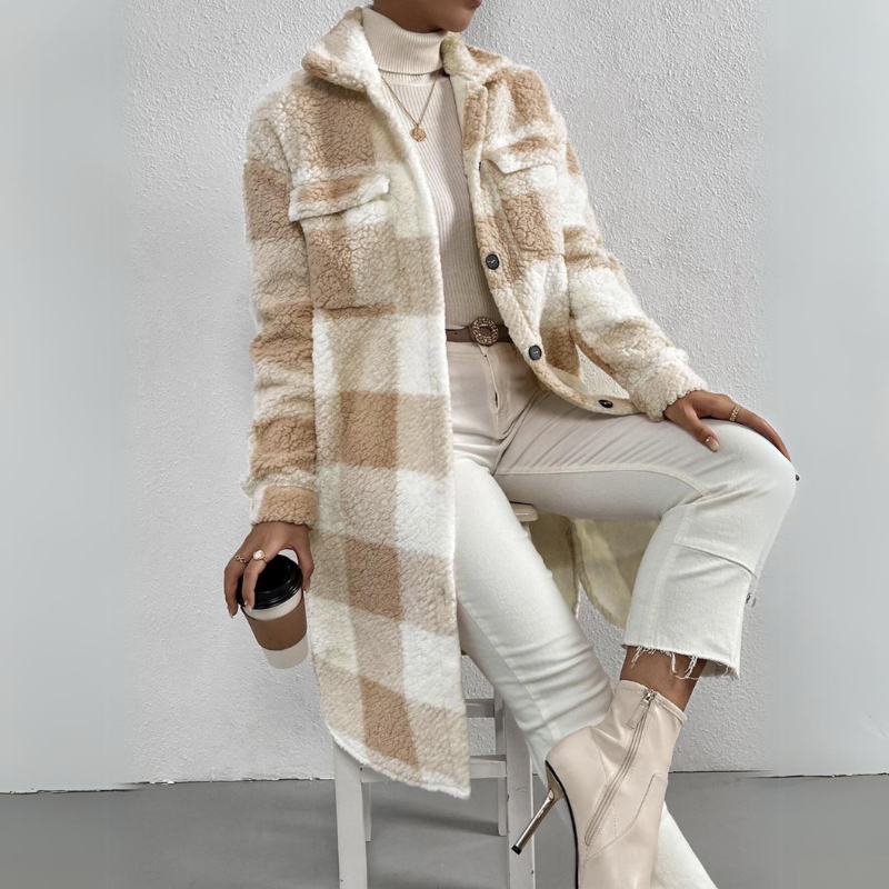 Women's open button lapel plush plaid midi jacket