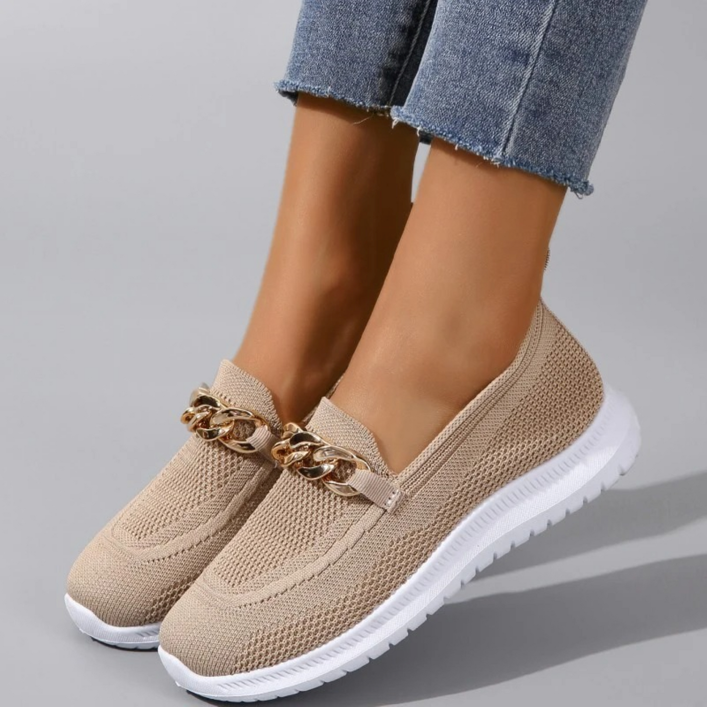 Women's Slip-On Shoes - Breathable Mesh - Flat Sole - Stylish Metal Chain Detail