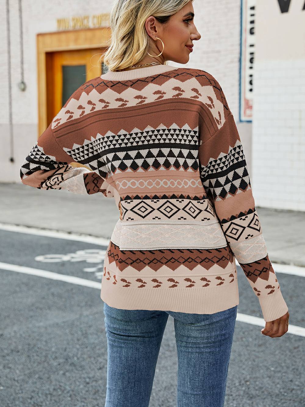 Women's fair isle pattern round neck pullover sweater
