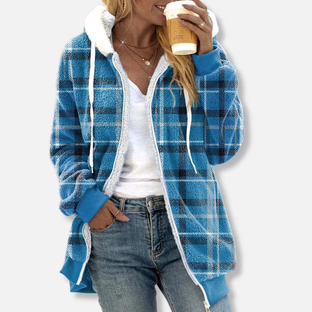 Isla Fleece Hooded Jacket | Relaxed Fit Check Print Tunic Length Jacket