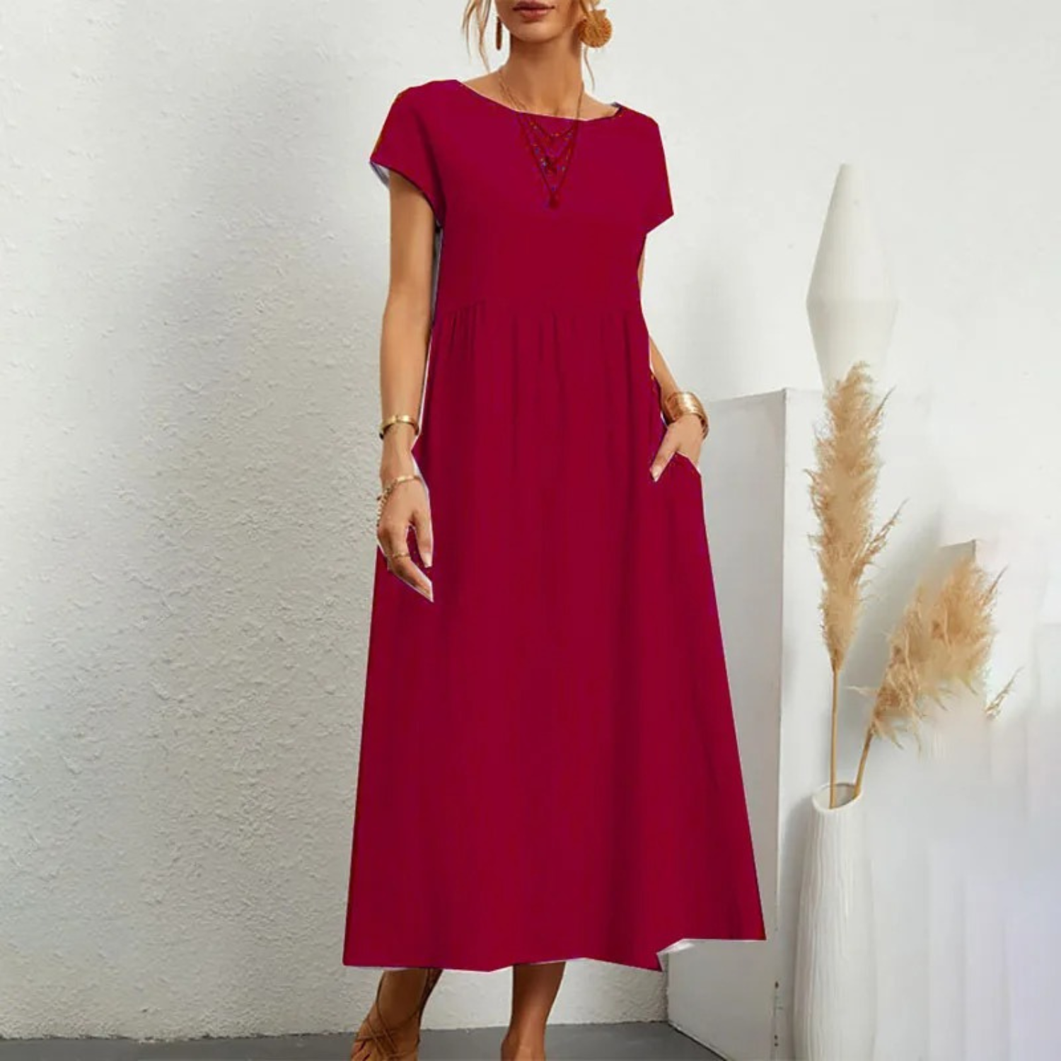 Relaxed Linen Empire Waist Maxi Dress