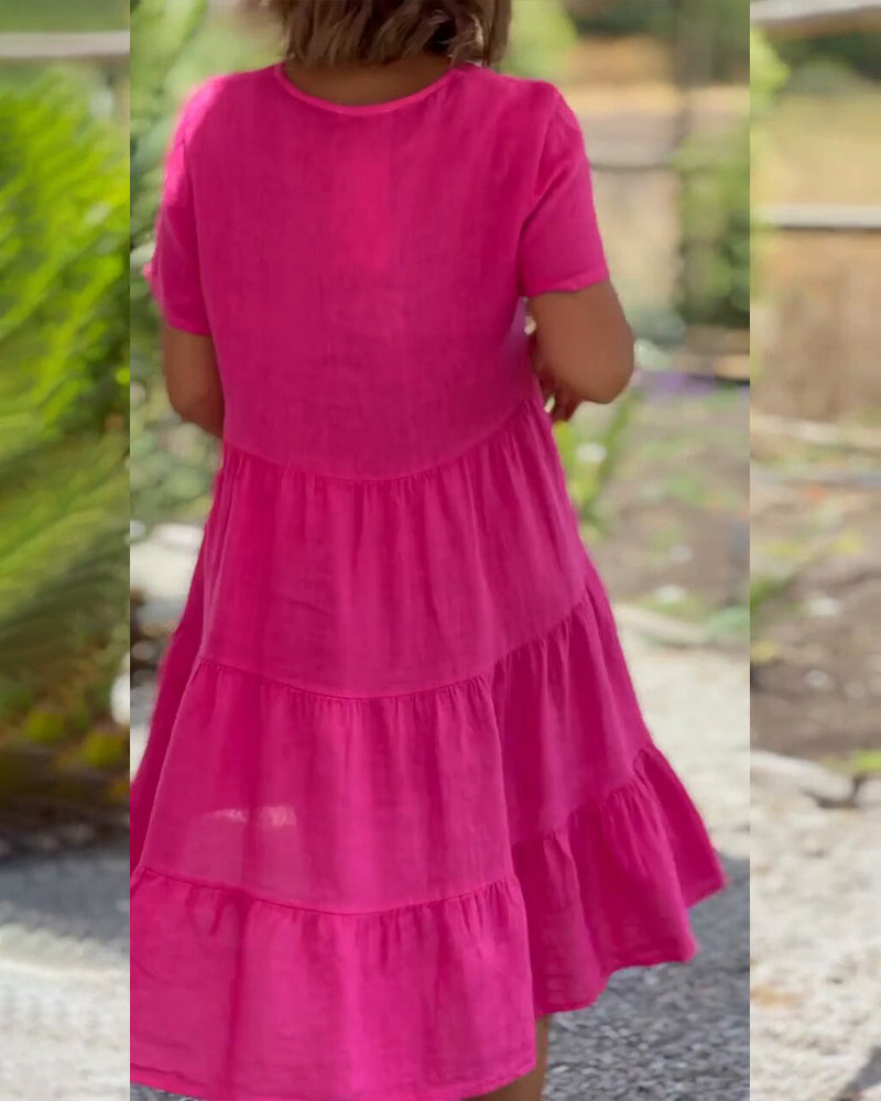 Women's Casual Midi Dress - V-Neck - Short Sleeve - Loose Fit Tiered Design