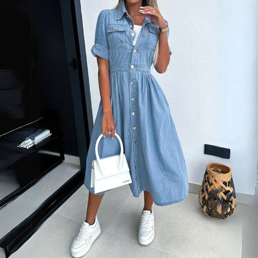 Women's Denim Shirtdress - Button-Down Collar - Cinched Waist - Short Sleeve Midi