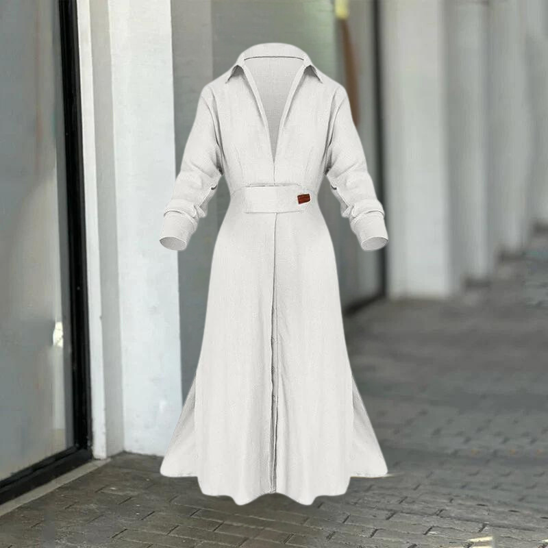 Women's Long Dress - Shirt Collar - Belted Waist - Button Front - Side Slits