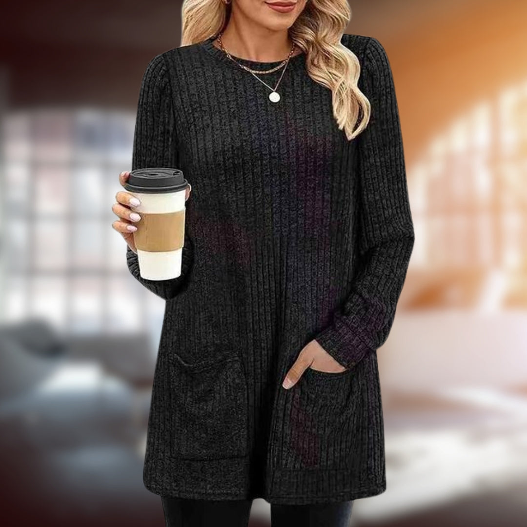 Women's mid-length knit round neck with pockets sweater