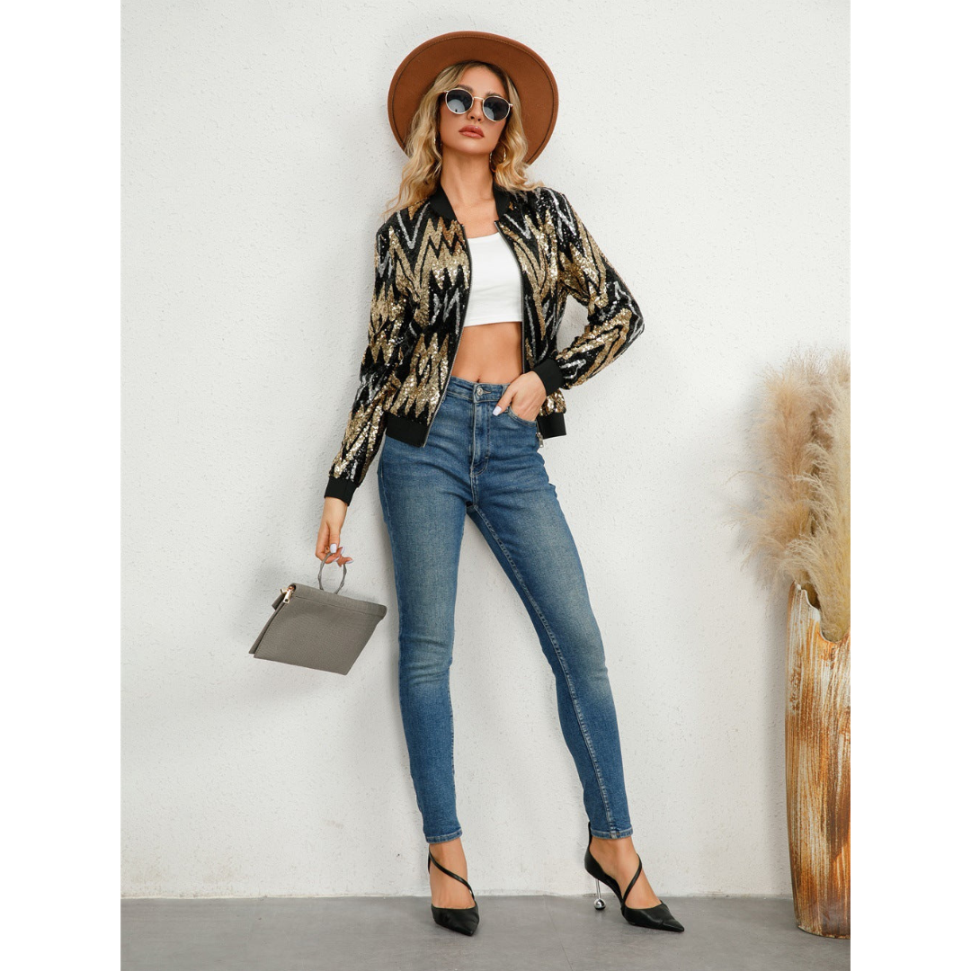 Women’s Bomber Jacket – Sequin Zigzag Pattern – Standard Fit – Zipper Front – Ribbed Trim