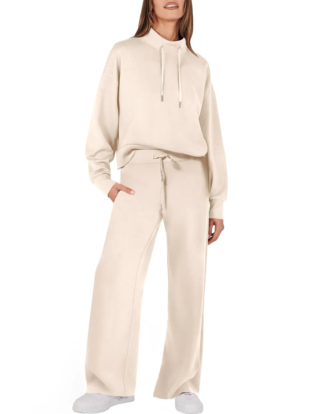 Women's chic mock drawstring sweatshirt and wide leg pants set