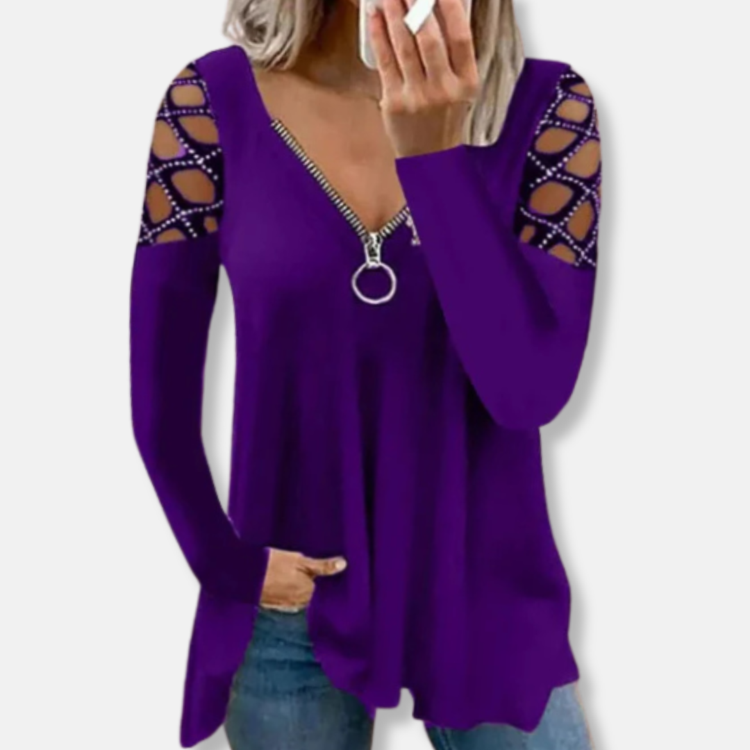 Isabella Tunic Top | V-Neck Zipper Long Sleeve Tunic Top