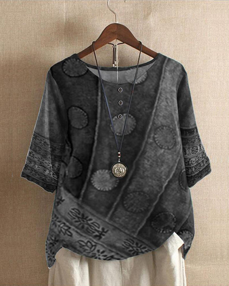 Women’s Boho Top – Relaxed Fit – Natural Fibers – Button Front – 3/4 Sleeve Patterned