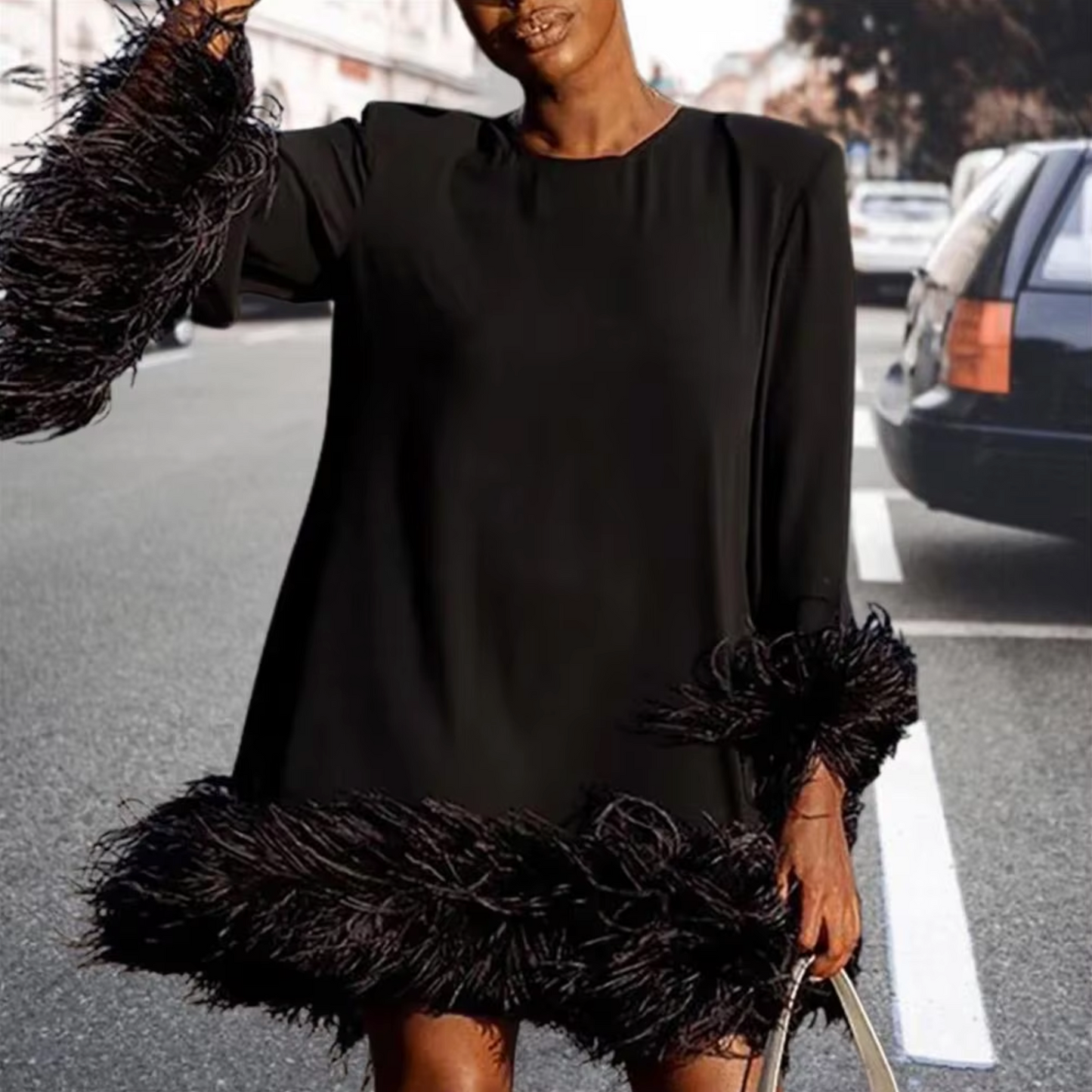 Women's A-Line Dress - Long Sleeve - Feather Cuff & Hem - Elegant Evening Wear