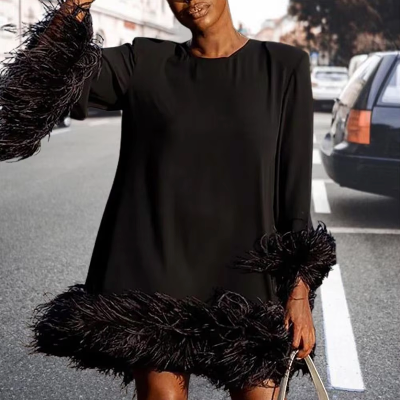 Feather Cuff A-Line Long Sleeve Dress