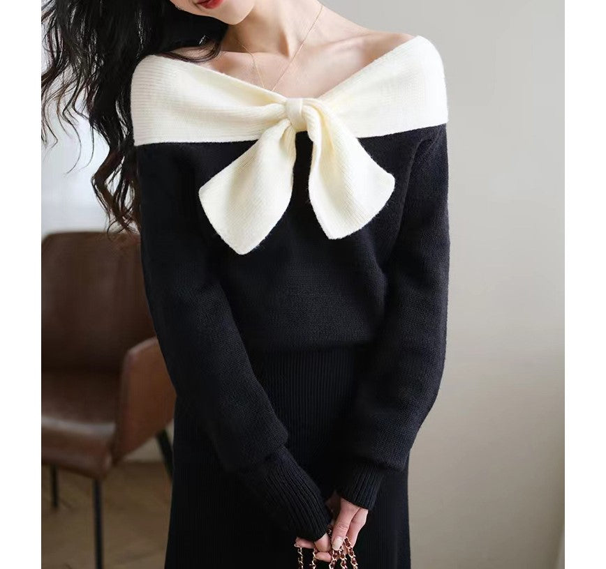 Women's Knit Sweater - Off-Shoulder Design - Long Sleeve with Bow Deta