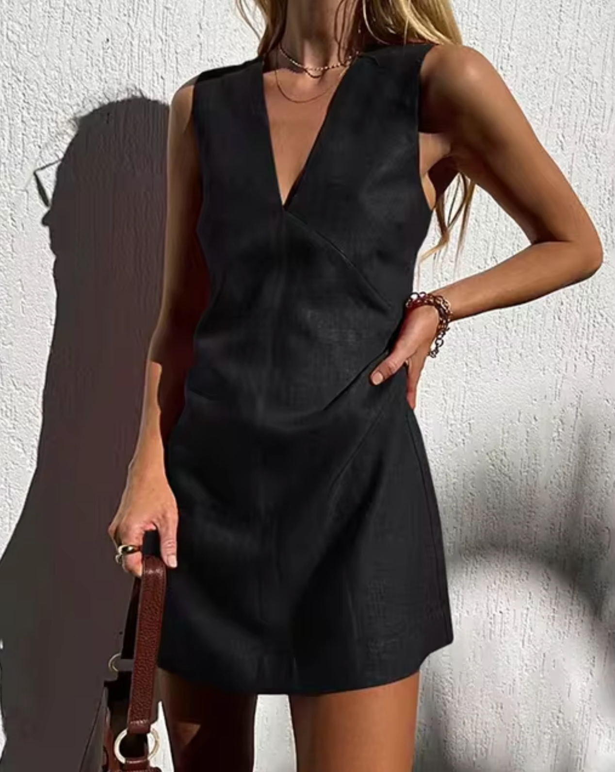 Women’s Sleeveless Mini Dress - Deep V-Neck - Fitted Bodice - Elegant Casual Wear