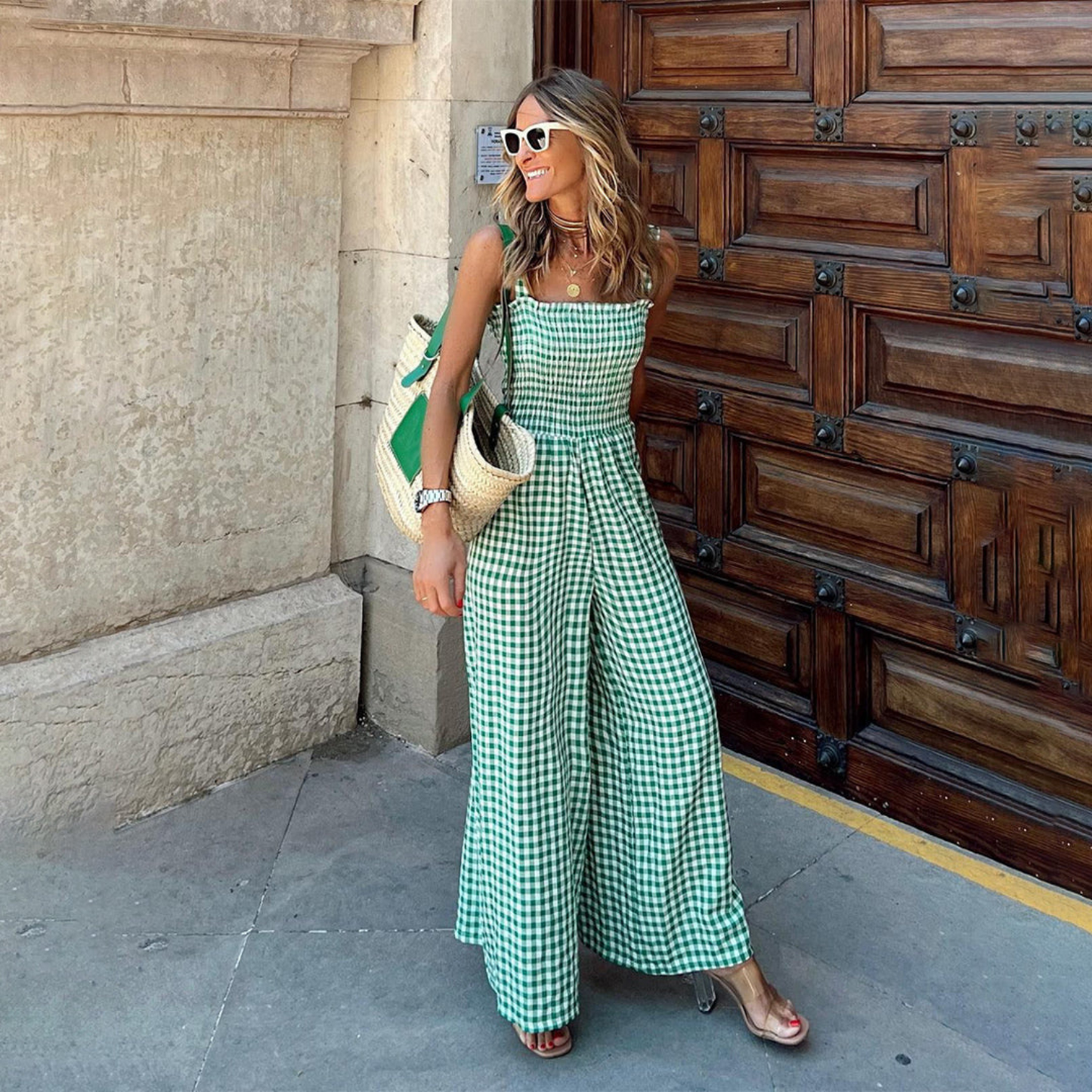 Women's Gingham Jumpsuit - Sleeveless Square Neck - Wide Leg Flowy Fit - Casual Wear
