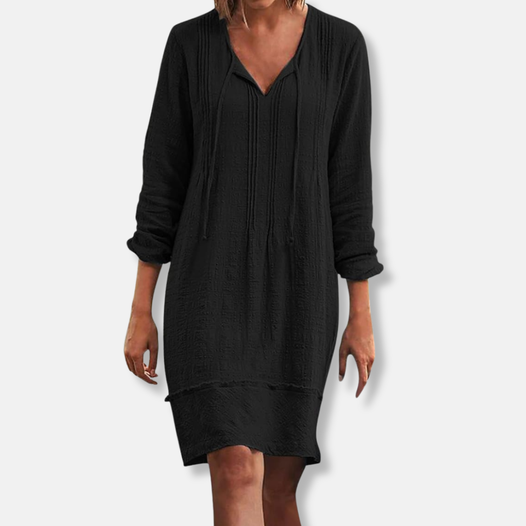 Women's Casual Dress - Knee Length - V-Neck - Long Sleeve Lightweight Textured