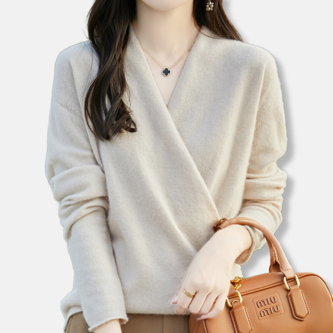 Women’s V-Neck Pullover Sweater – Wool Knit – Relaxed Fit – Long Sleeve Wrap Style