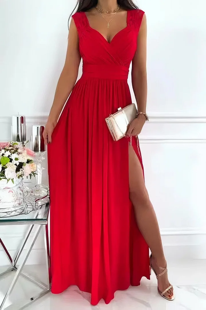 Women’s Evening Gown - Sleeveless V-Neck - Lace Shoulder Accents - High Slit Elegant Fit