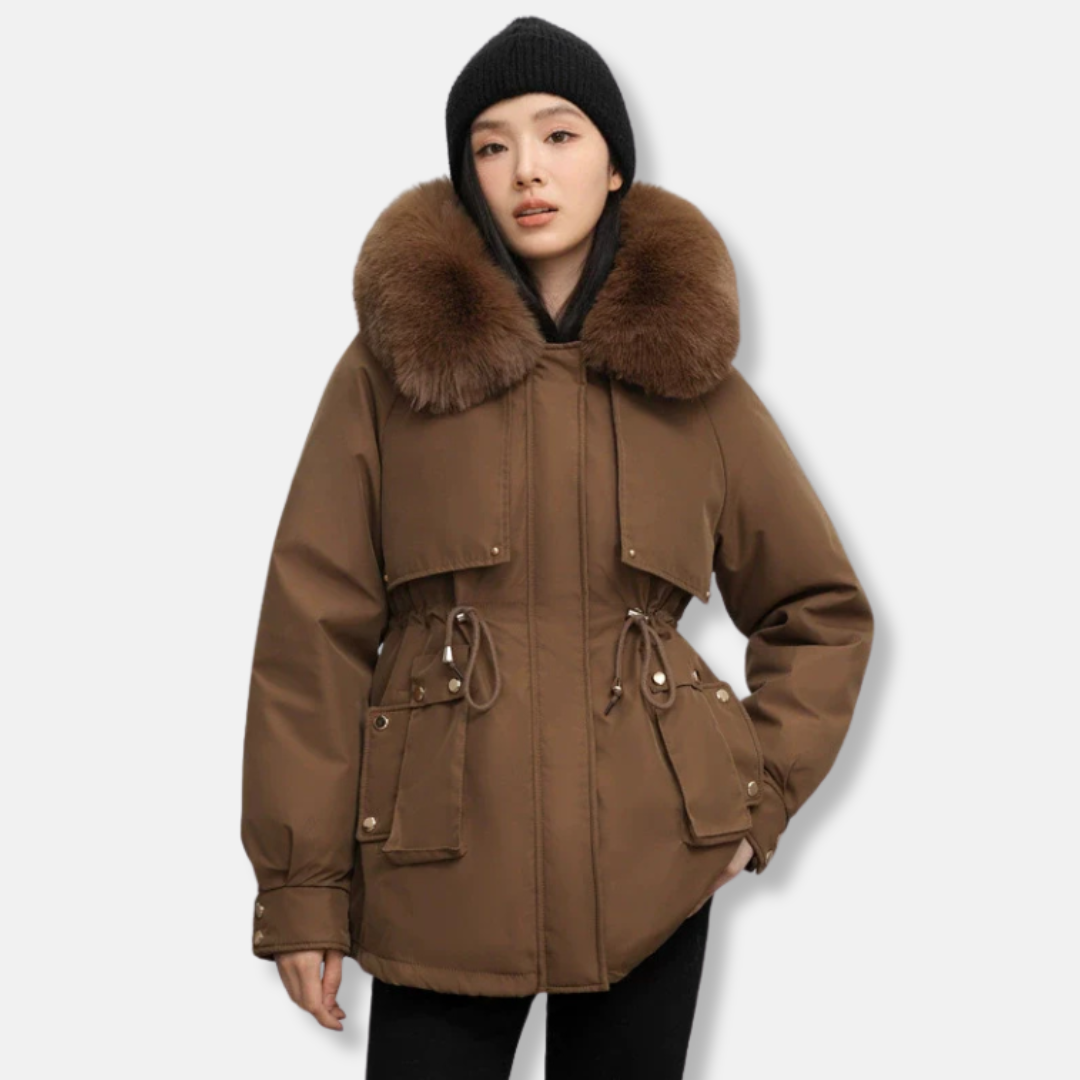 Women’s Parka Jacket – Water-Resistant – Faux Fur Collar – Adjustable Waist – Mid-Thigh Length