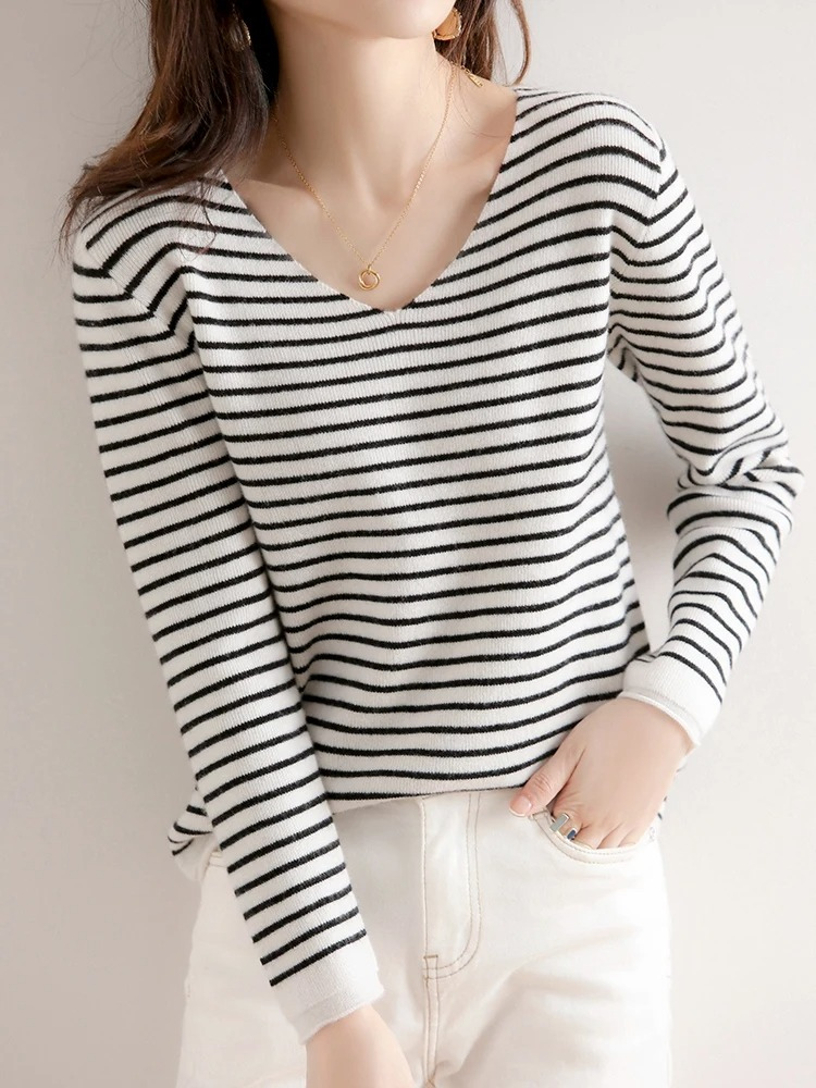 Women's V-Neck Sweater - Soft Knit - Fitted Long Sleeve - Striped Casual Wear