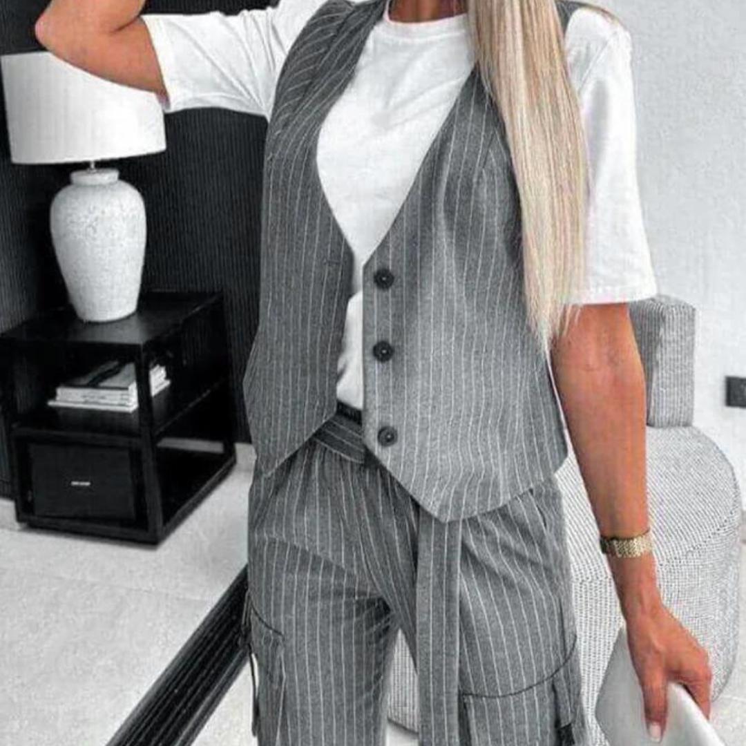 Women's color striped button vest and pants set