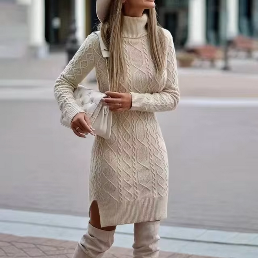 Women’s Knitted Dress – Slim Fit – Cable Knit – Turtleneck – Midi Length – Long Sleeve