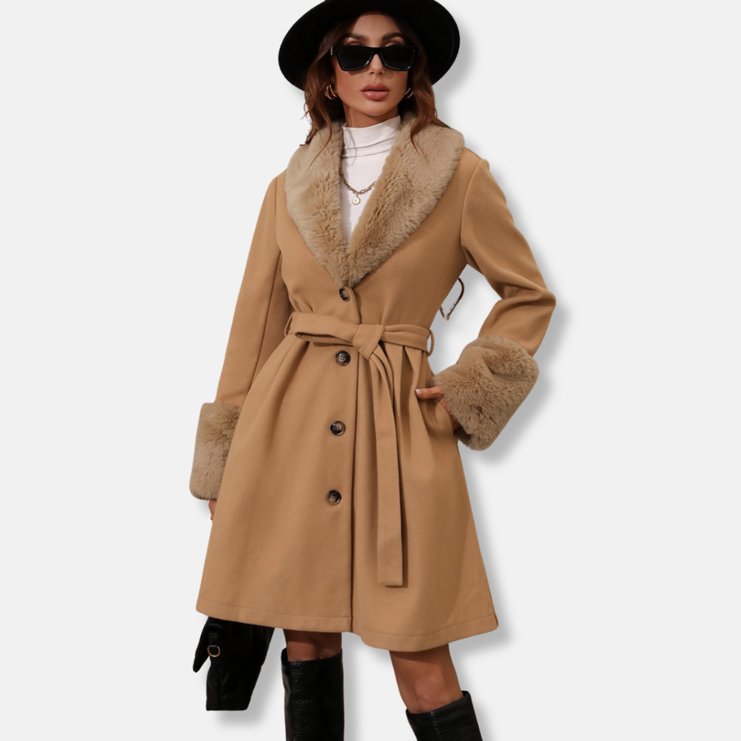 Women’s Trench Coat – Tailored Fit – Fur Collar & Cuffs – Mid-Length Belted Design