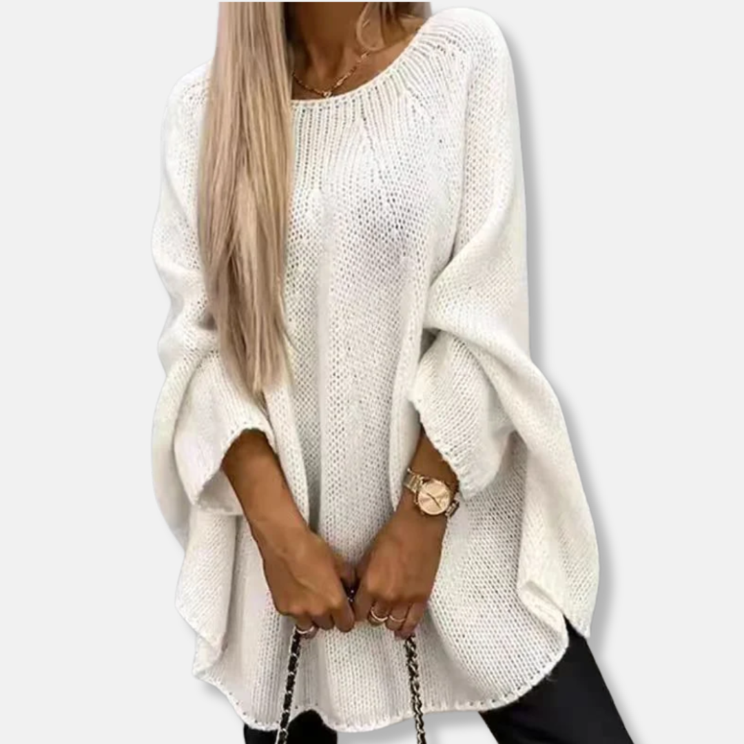 Women’s Sweater Tunic - Wool Blend - Oversized Fit - Round Neck - Batwing Sleeves