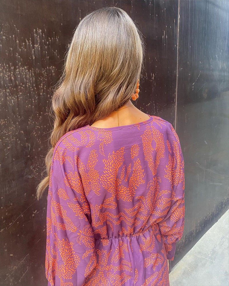 Women's Wrap Dress - Knee-Length - Long Sleeve - V-Neck Elegant Floral Print
