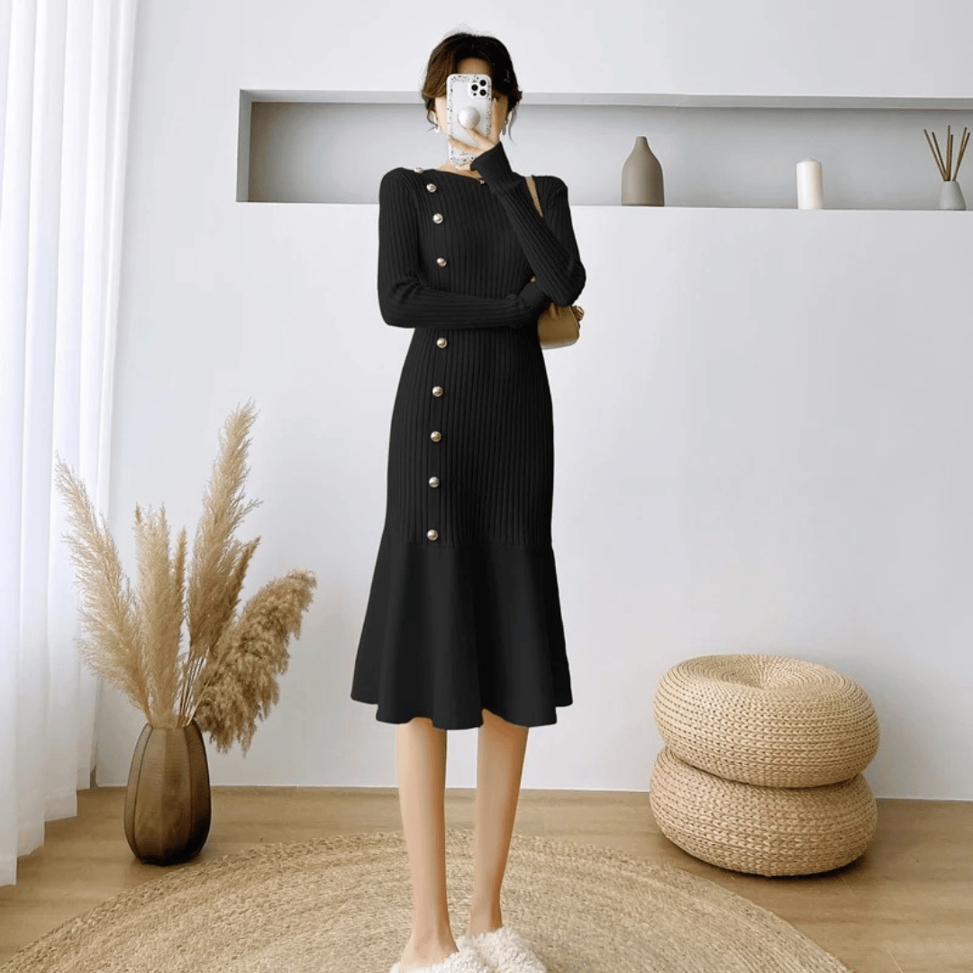 Fitted Rib-Knit Button Detail Mermaid Dress