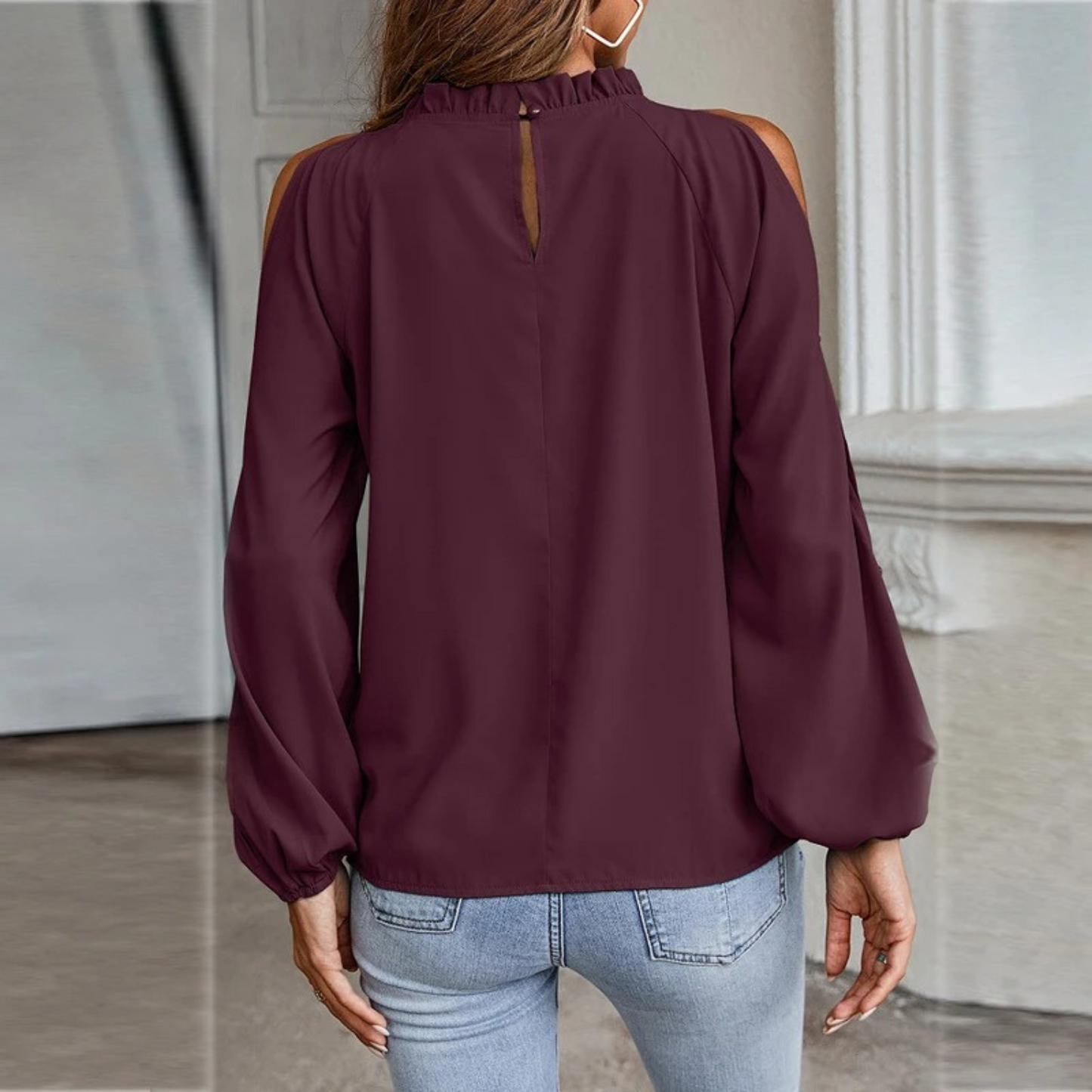 Women's Blouse - Cold Shoulder - Long Sleeve - High Neck - Relaxed Fit