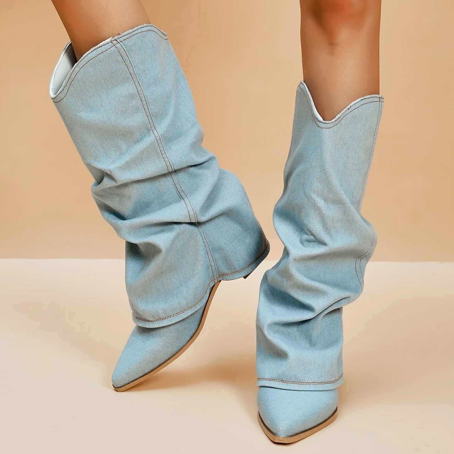 Women’s Knee-High Boots - Slouchy Denim - Pointed Toe - Low Block Heel Pull-On