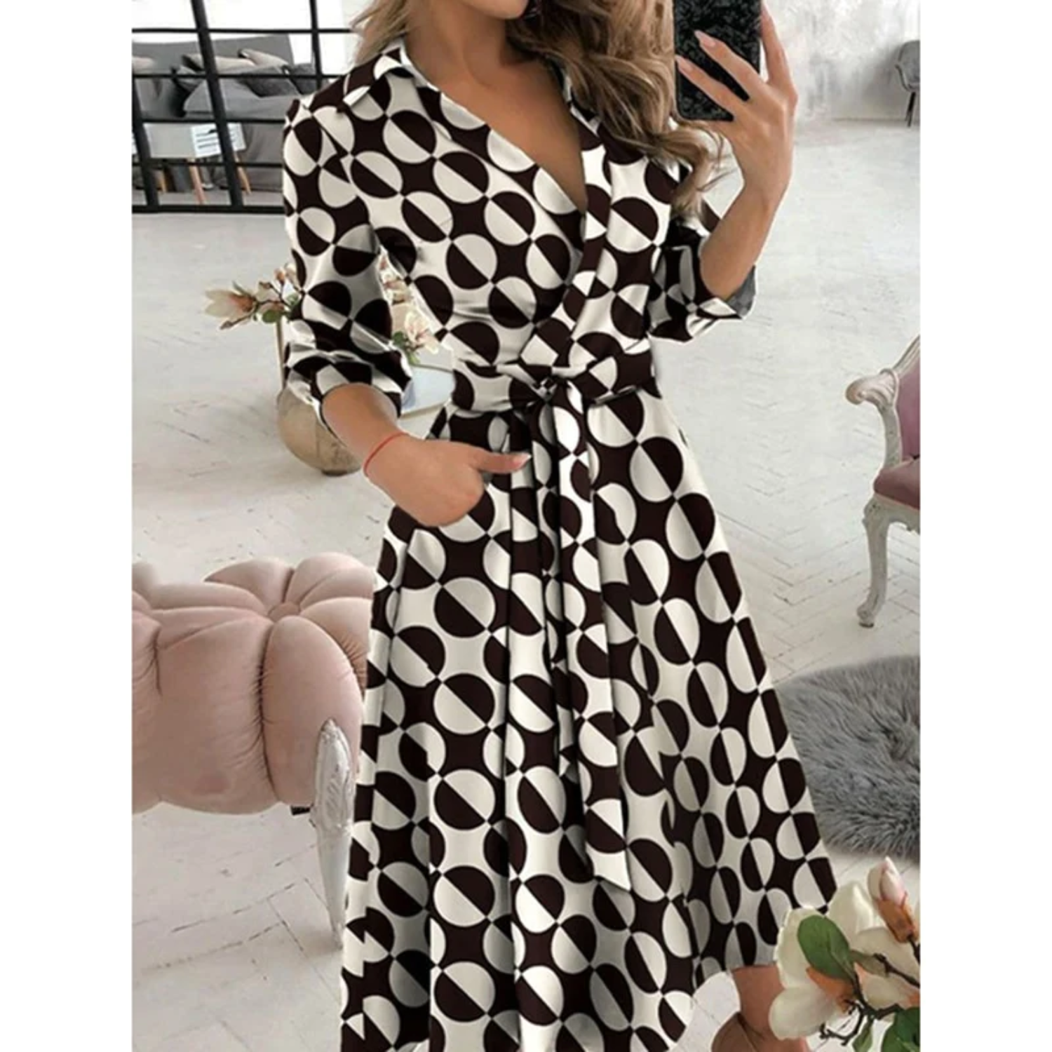 Geometric Print Elegant Fit Wrap Dress