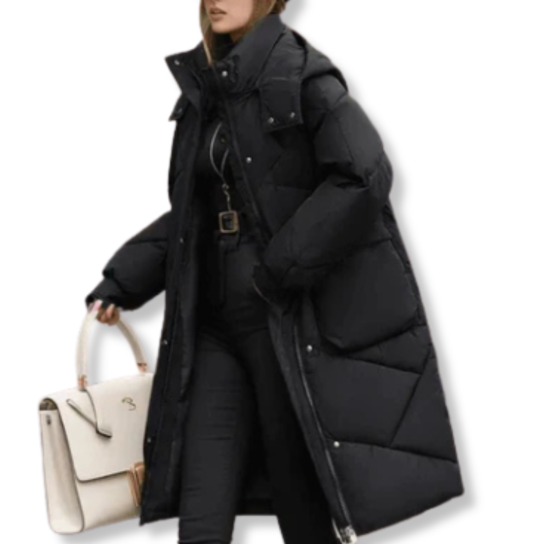 Isla Oversized Quilted Coat | Hooded High Collar Front Pockets Coat