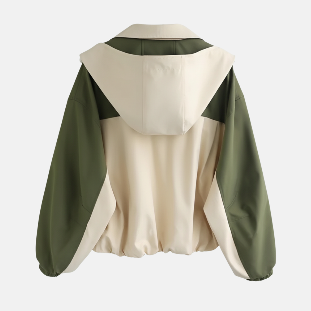 Women’s Short Jacket – Oversized Relaxed Fit – Two-Tone – Blouson Hem – Wide Lapel