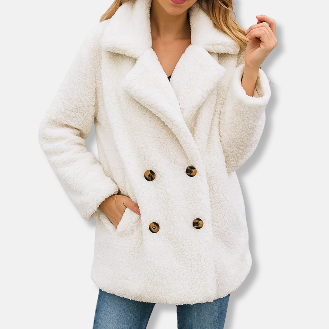 Women’s Fleece Jacket – Sherpa Texture – Relaxed Fit – Double-Breasted Lapel Style