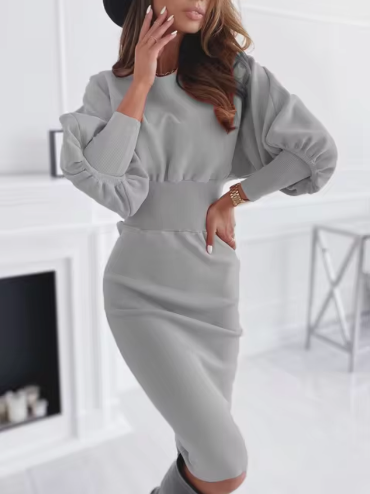 Women's Knit Sweater Dress - Fitted Silhouette - Balloon Sleeves - Ribbed Waist